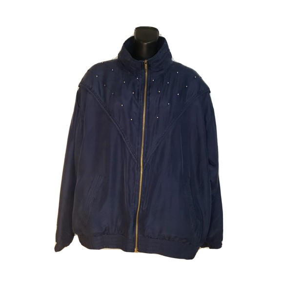 Vintage Div Rousso Silk Bomber Jacket Jogger Windbreaker Dark Blue Studded MED. - Picture 3 of 11